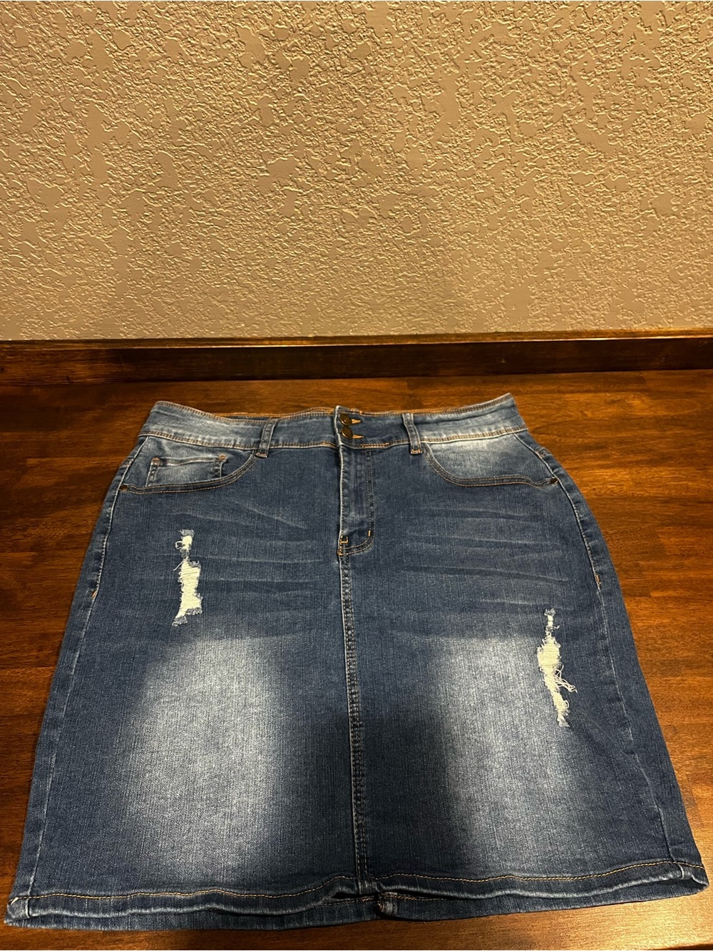 Dark Wash Distressed Denim Skirt by Honey & Bristle
